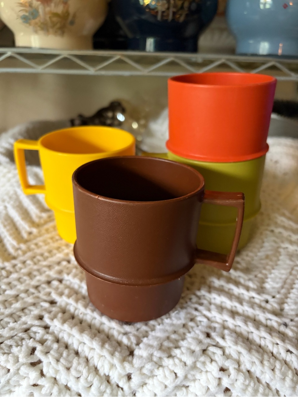 Vintage Tupperware Coffee Mugs - Brown, Yellow, Orange, Green